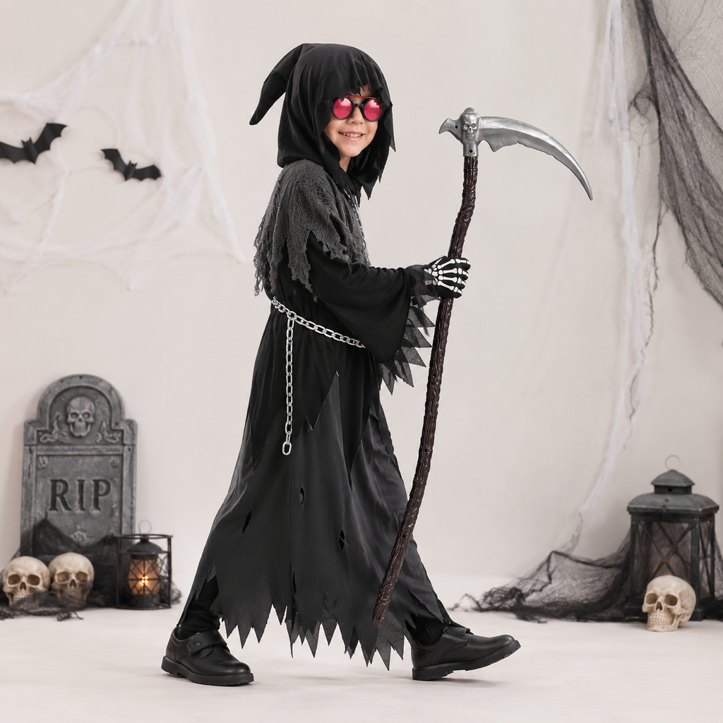 Kids' Halloween Costume Grim Reaper Hooded Robe Set with Glowing Eyes and Toy Scythe - Image 2
