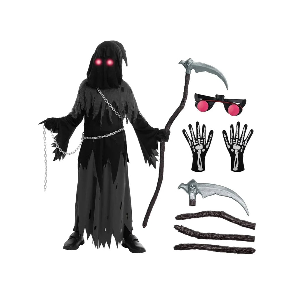 Kids' Halloween Costume Grim Reaper Hooded Robe Set with Glowing Eyes and Toy Scythe - Image 3