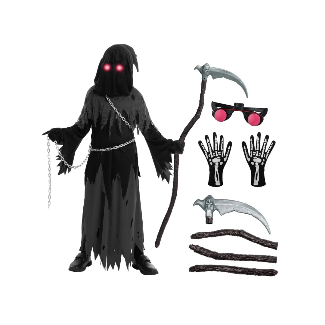 Kids' Halloween Costume Grim Reaper Hooded Robe Set with Glowing Eyes and Toy Scythe - Image 3