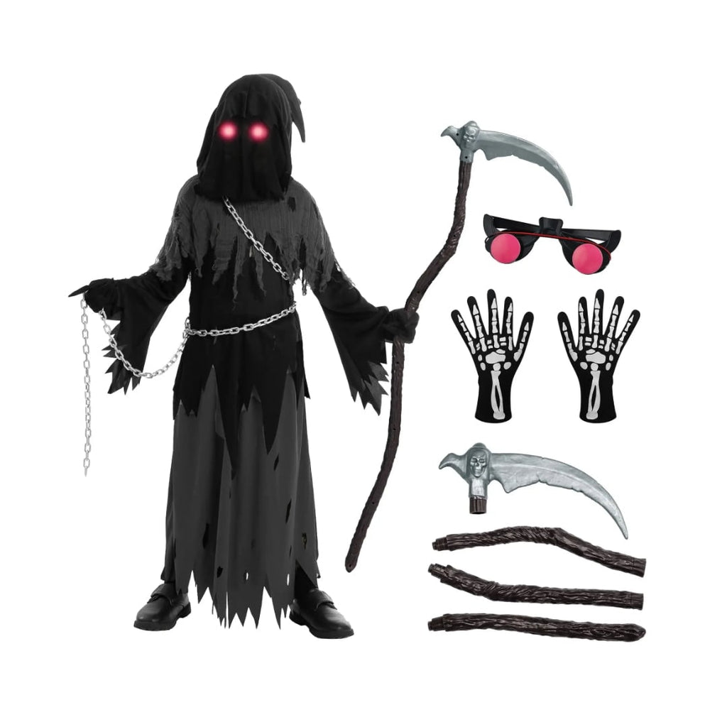 Kids' Halloween Costume Grim Reaper Hooded Robe Set with Glowing Eyes and Toy Scythe - Image 4
