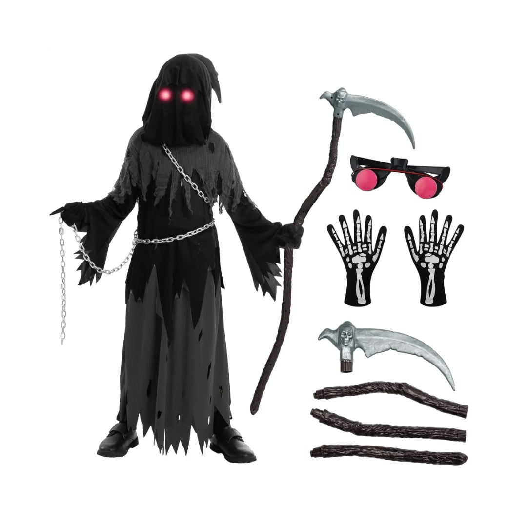 Kids' Halloween Costume Grim Reaper Hooded Robe Set with Glowing Eyes and Toy Scythe - Image 4