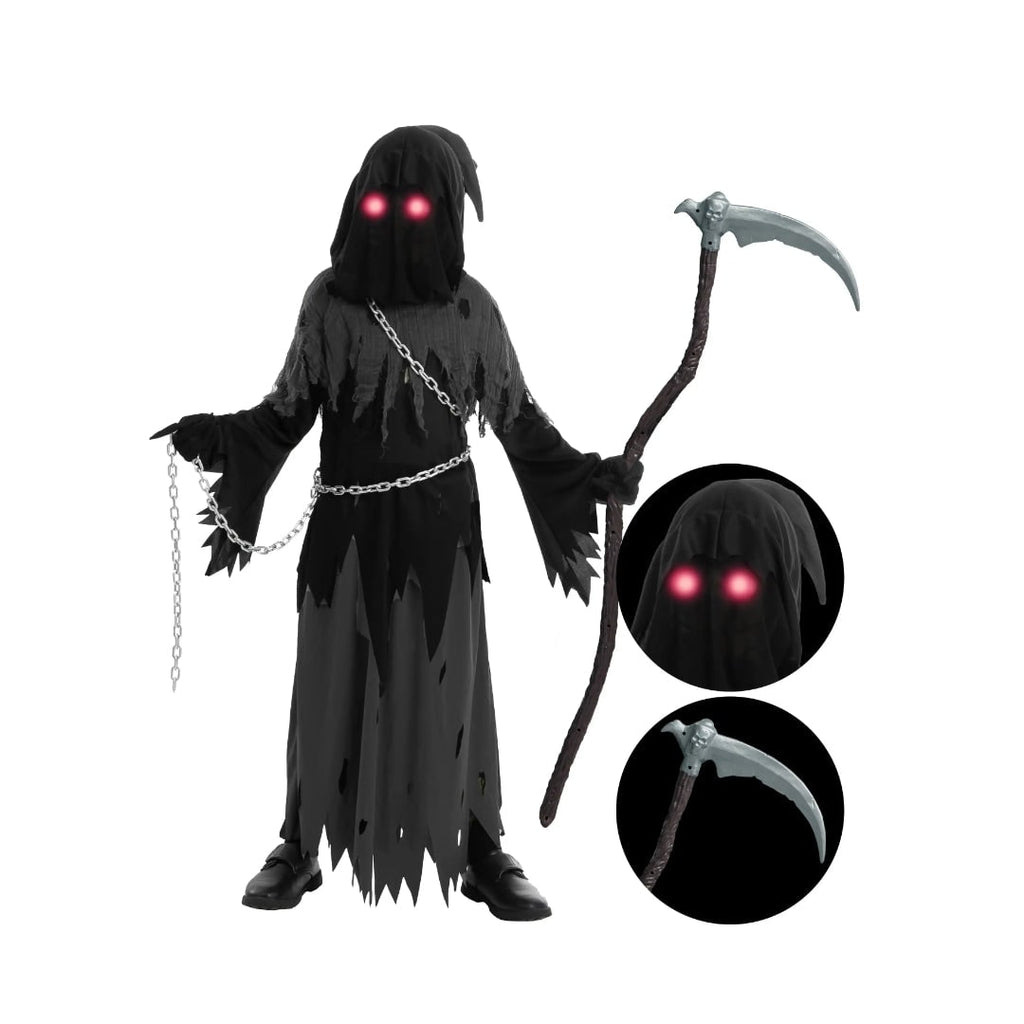 Kids' Halloween Costume Grim Reaper Hooded Robe Set with Glowing Eyes and Toy Scythe - Image 5