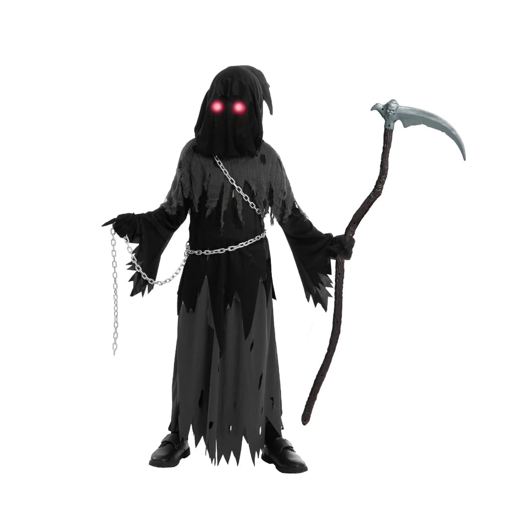 Kids' Halloween Costume Grim Reaper Hooded Robe Set with Glowing Eyes and Toy Scythe - Image 6