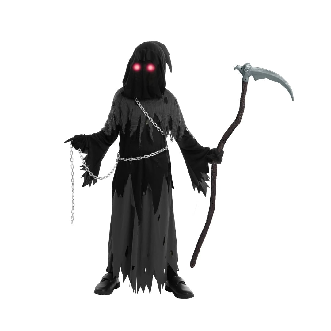 Kids' Halloween Costume Grim Reaper Hooded Robe Set with Glowing Eyes and Toy Scythe - Image 6