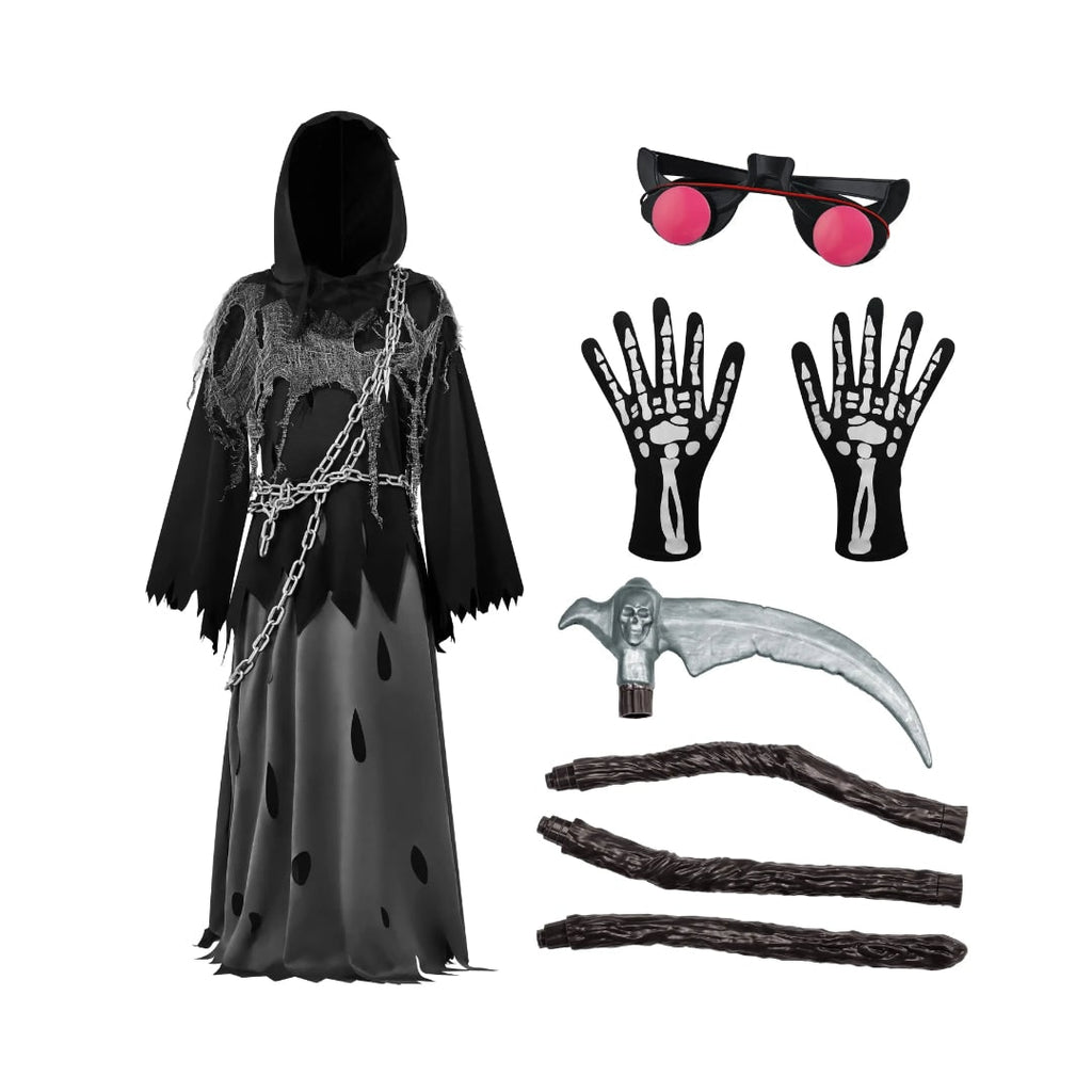 Kids' Halloween Costume Grim Reaper Hooded Robe Set with Glowing Eyes and Toy Scythe - Image 7