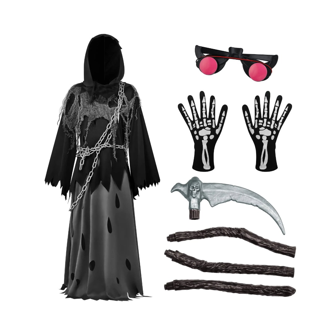 Kids' Halloween Costume Grim Reaper Hooded Robe Set with Glowing Eyes and Toy Scythe - Image 7