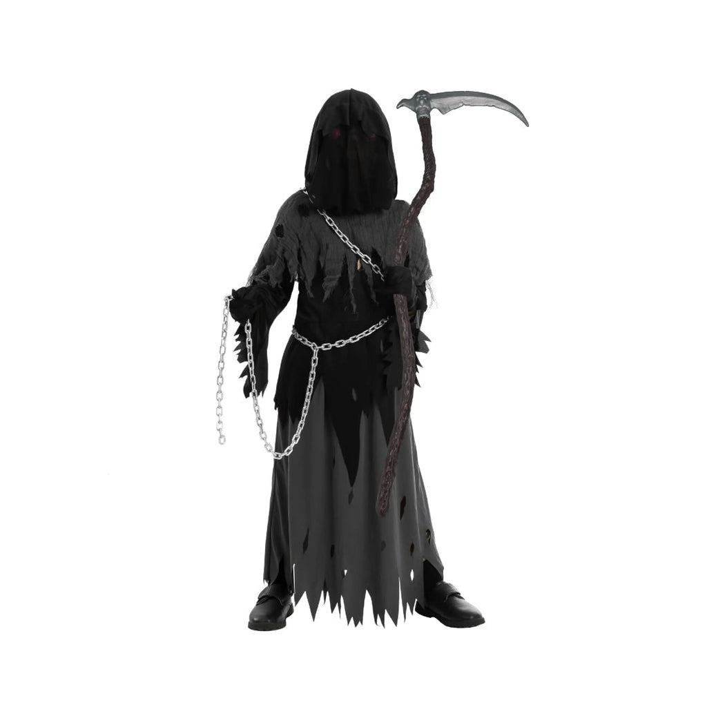 Kids' Halloween Costume Grim Reaper Hooded Robe Set with Glowing Eyes and Toy Scythe - Image 8