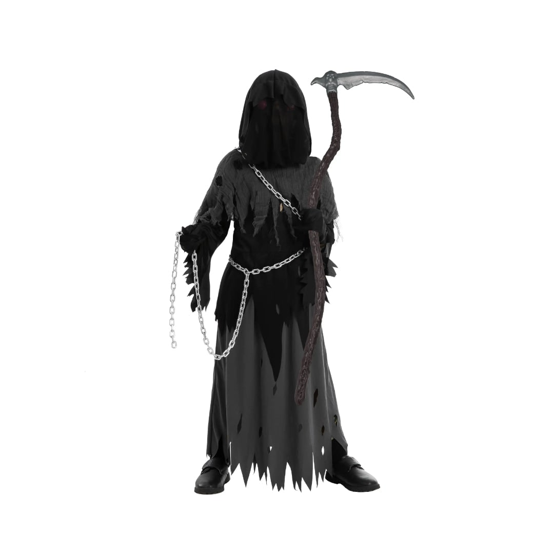 Kids' Halloween Costume Grim Reaper Hooded Robe Set with Glowing Eyes and Toy Scythe - Image 8