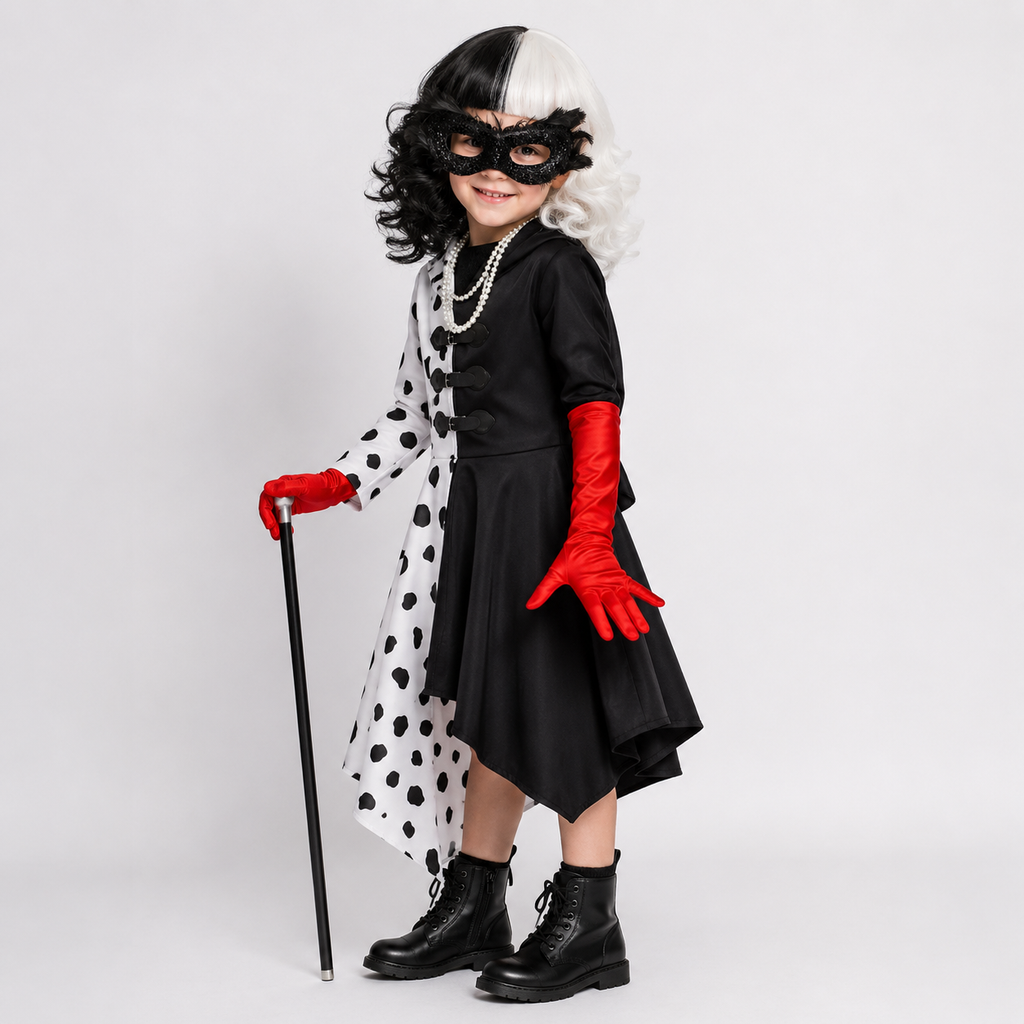 Kids' Halloween Cruella Costume Dress with Dalmatian Spots and Attached Hood for Character Cosplay Party - Image 1