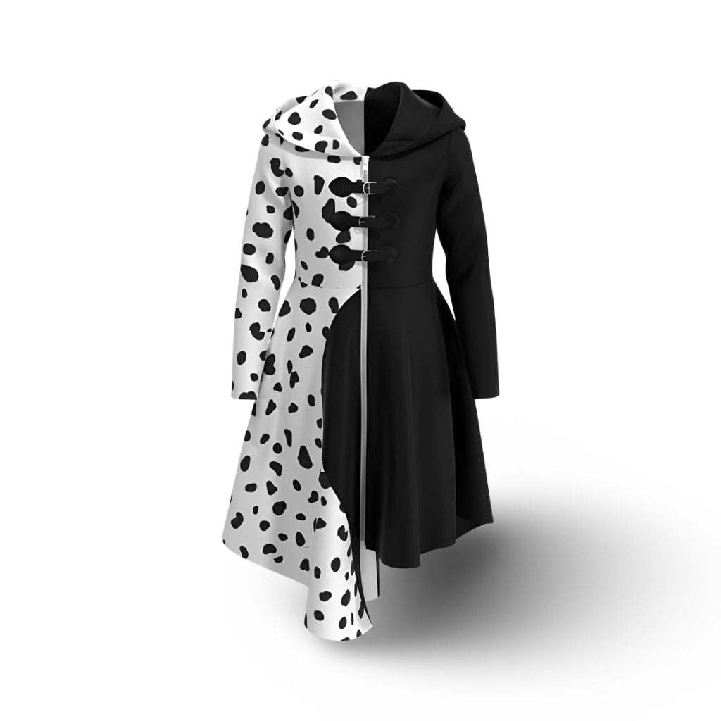 Kids' Halloween Cruella Costume Dress with Dalmatian Spots and Attached Hood for Character Cosplay Party - Image 2