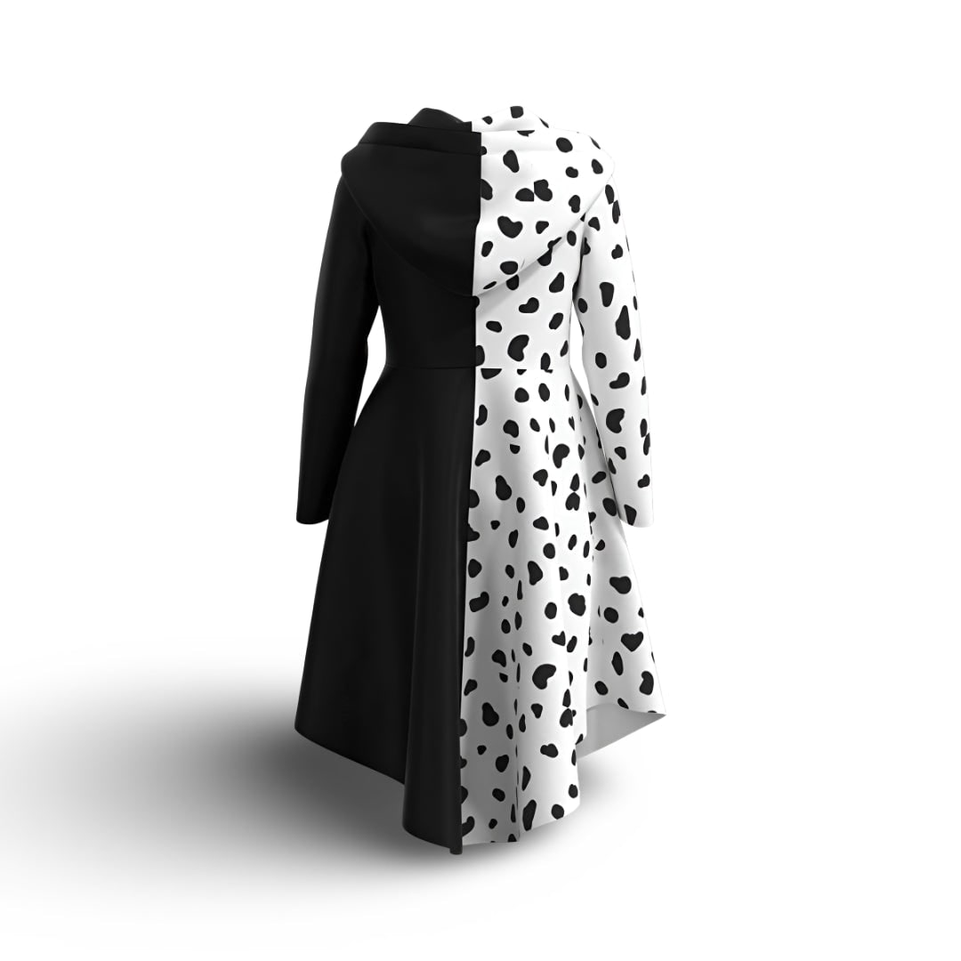 Kids' Halloween Cruella Costume Dress with Dalmatian Spots and Attached Hood for Character Cosplay Party - Image 3