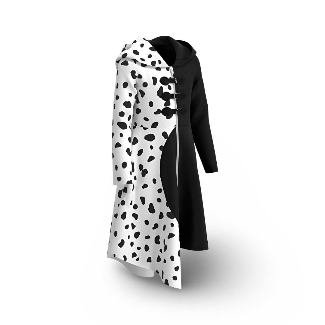 Kids' Halloween Cruella Costume Dress with Dalmatian Spots and Attached Hood for Character Cosplay Party - Image 4