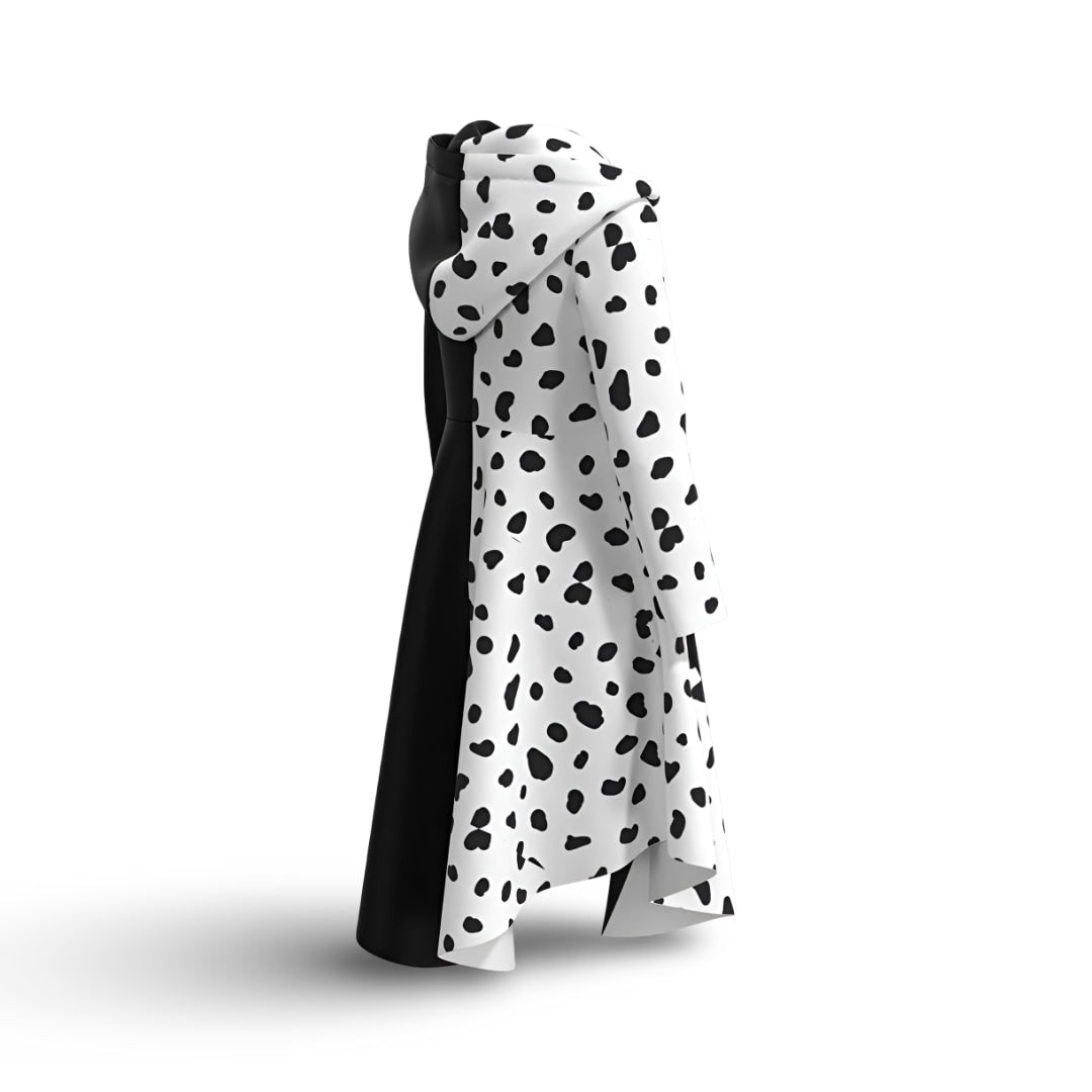 Kids' Halloween Cruella Costume Dress with Dalmatian Spots and Attached Hood for Character Cosplay Party - Image 6