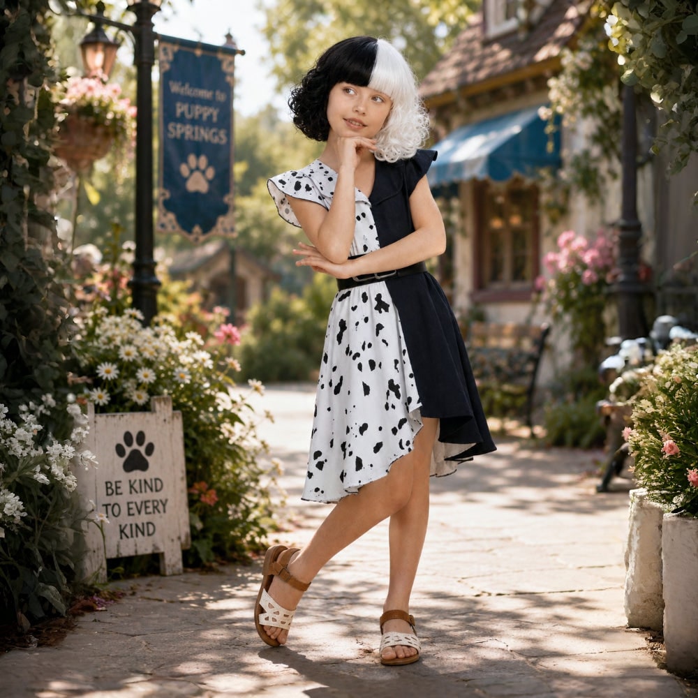 Kids' Halloween Cruella De Vil Costume with Dalmatian Cape and Wig for Children - Image 1