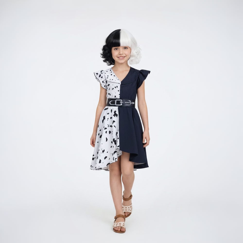 Kids' Halloween Cruella De Vil Costume with Dalmatian Cape and Wig for Children - Image 3