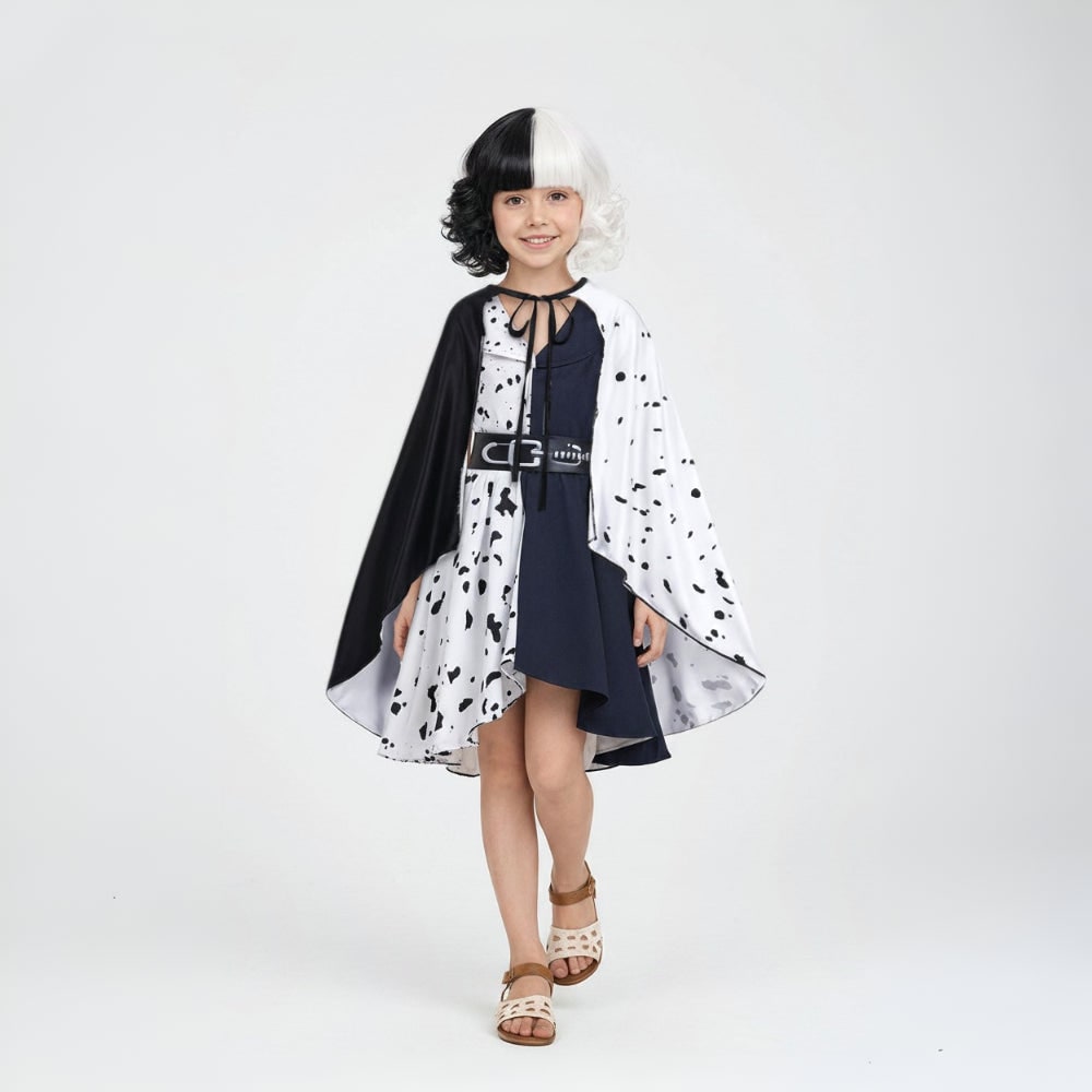 Kids' Halloween Cruella De Vil Costume with Dalmatian Cape and Wig for Children - Image 4