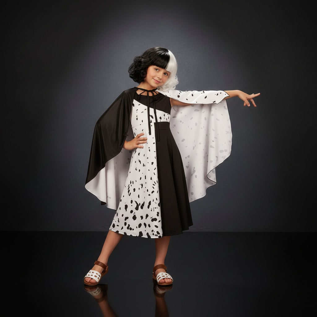Kids' Halloween Cruella De Vil Costume with Split Black and White Dress Cape - Image 1