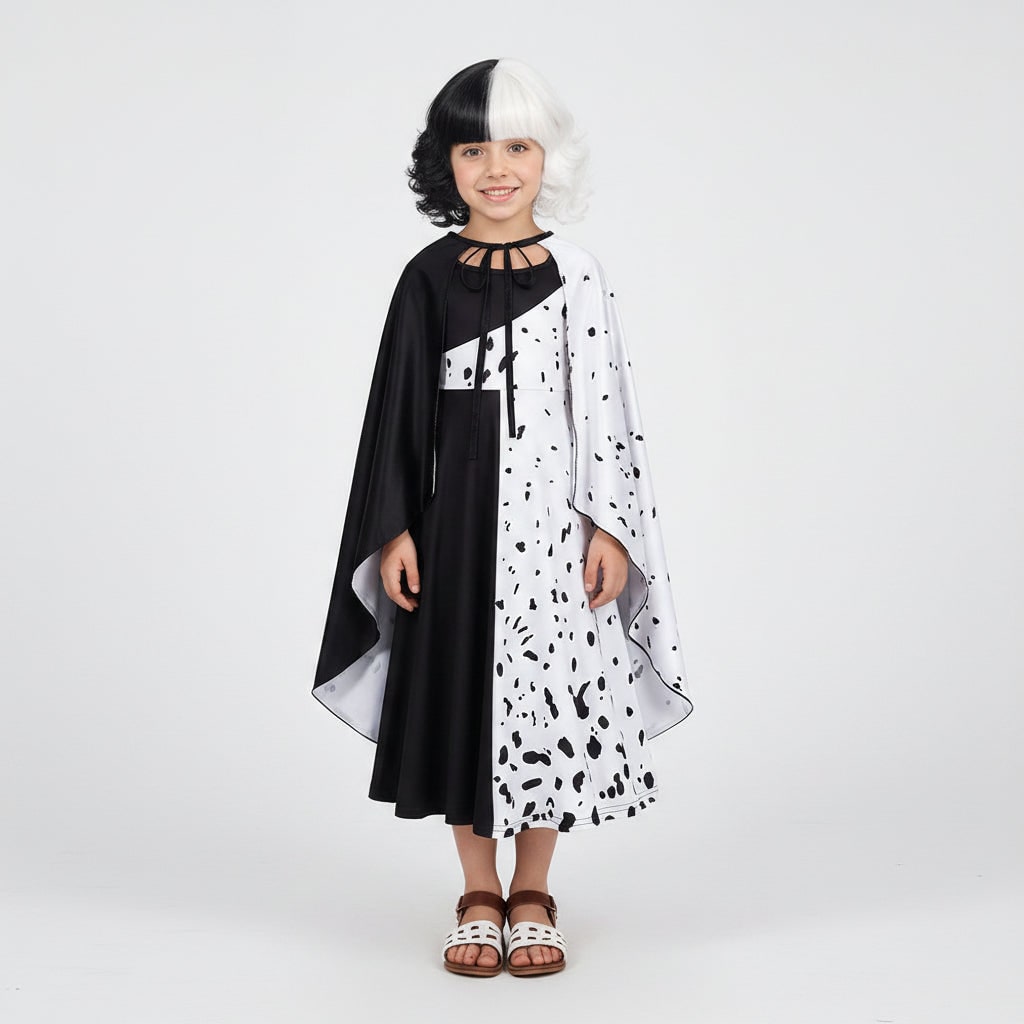 Kids' Halloween Cruella De Vil Costume with Split Black and White Dress Cape - Image 4
