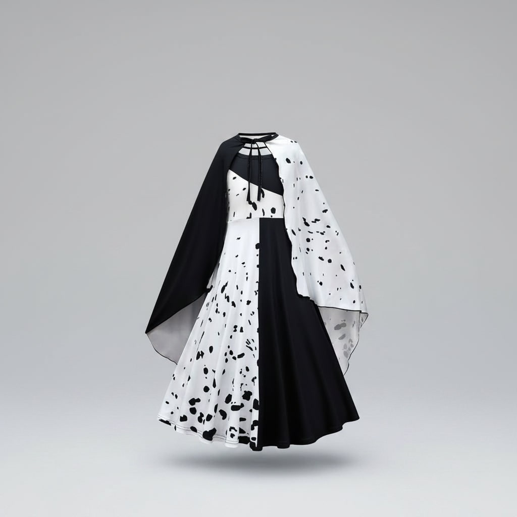 Kids' Halloween Cruella De Vil Costume with Split Black and White Dress Cape - Image 5