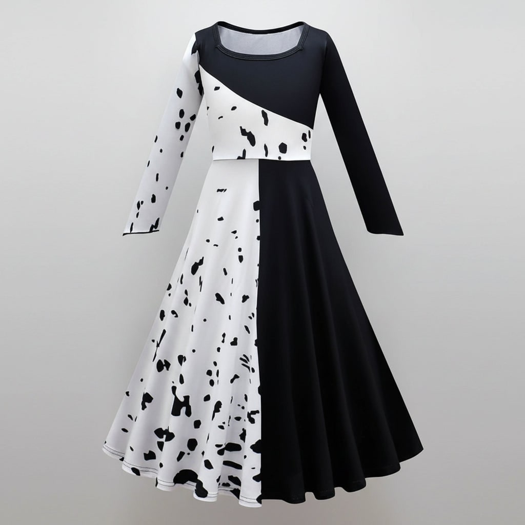Kids' Halloween Cruella De Vil Costume with Split Black and White Dress Cape - Image 6