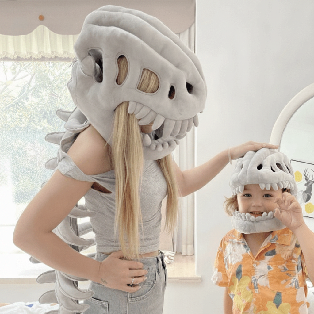 Kids' Halloween Dinosaur Costume Skull Cap Beanie with Plush Skeleton Spine Tail and 3D Bone Details - Image 2
