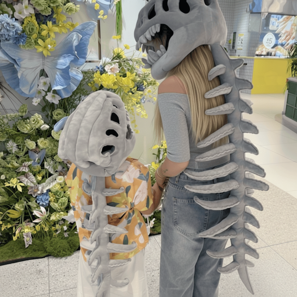 Kids' Halloween Dinosaur Costume Skull Cap Beanie with Plush Skeleton Spine Tail and 3D Bone Details - Image 3