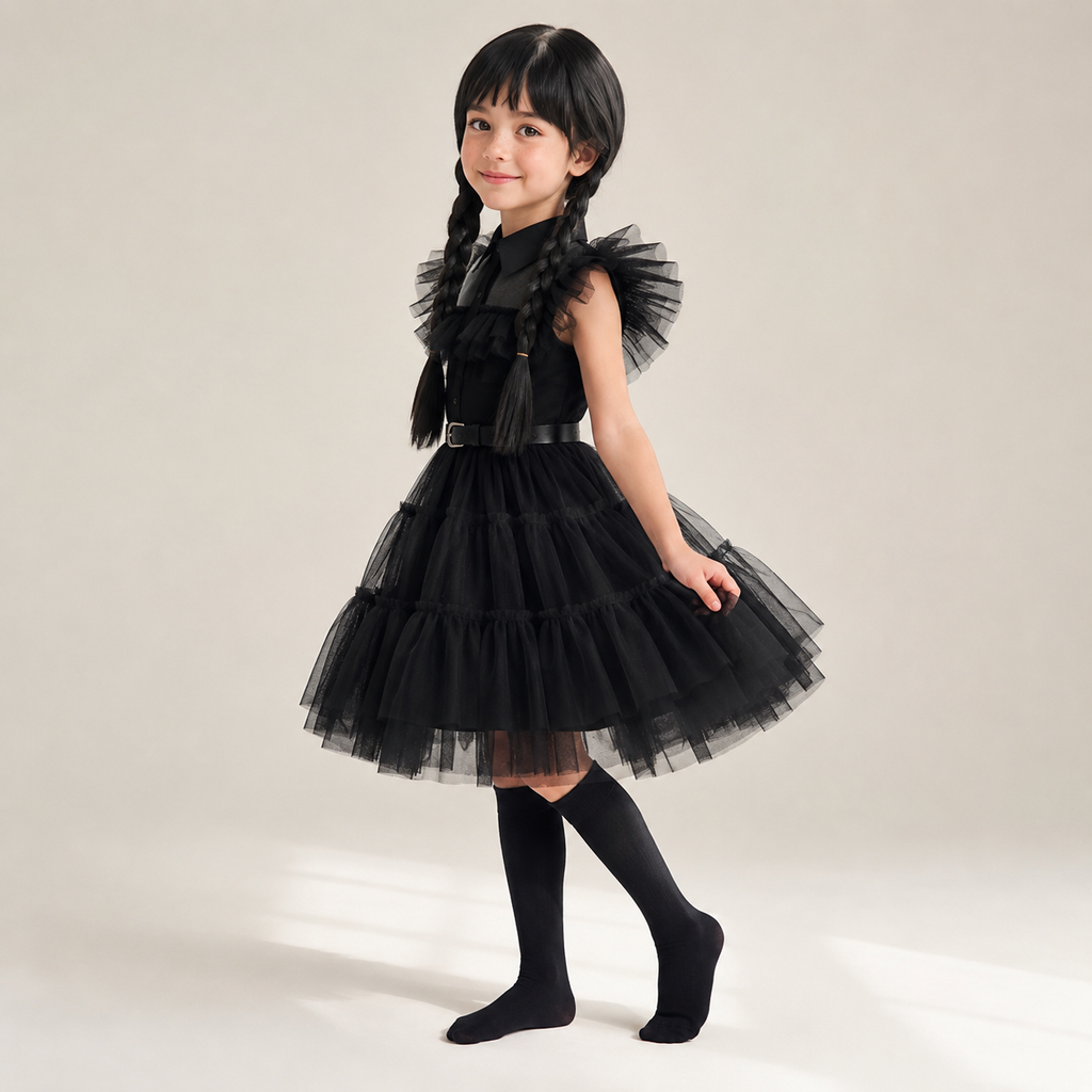 Kids' Halloween gothic schoolgirl Family Costume Dress with Tiered Tulle Skirt and Lace Mask - Image 1
