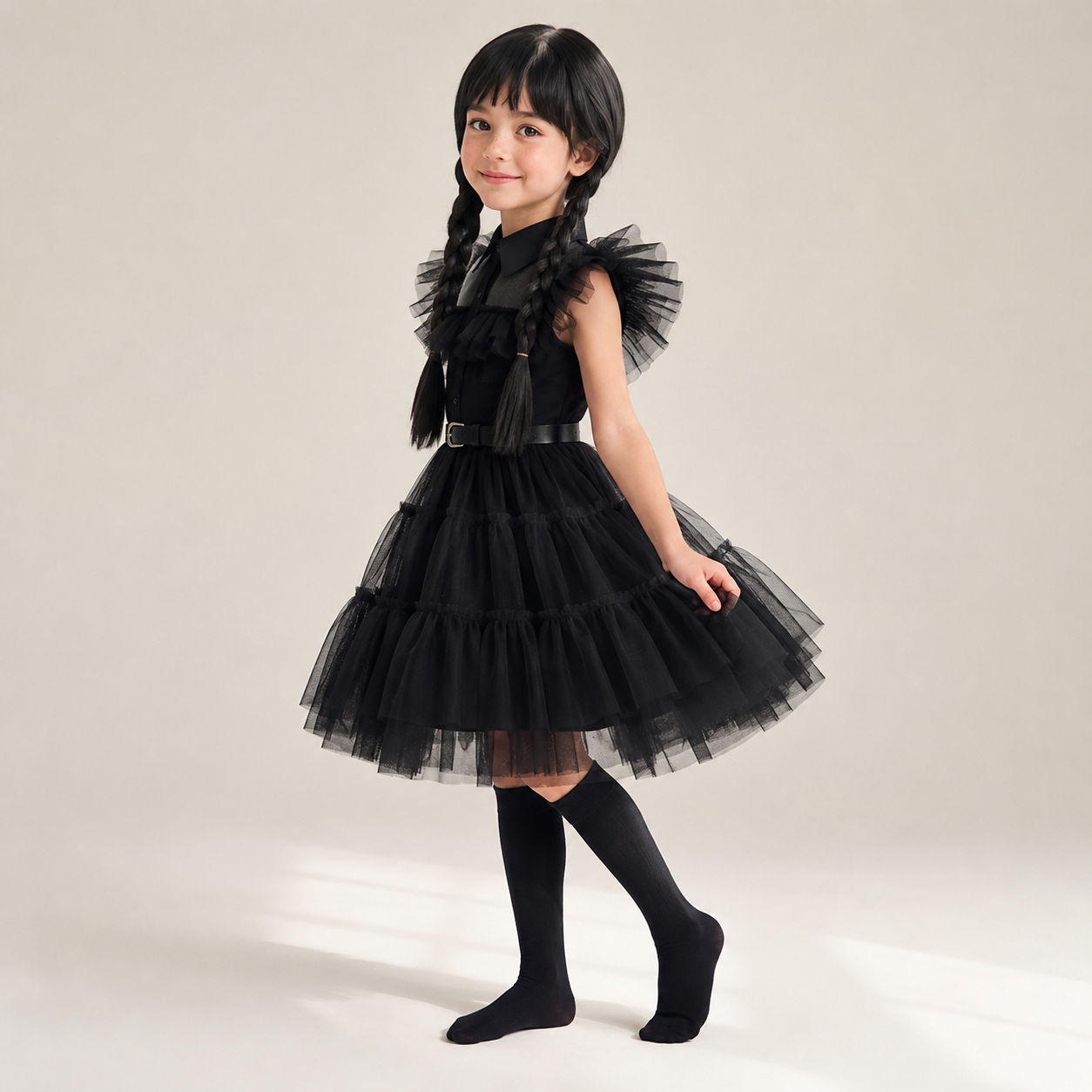 Kids' Halloween gothic schoolgirl Family Costume Dress with Tiered Tulle Skirt and Lace Mask - Image 1