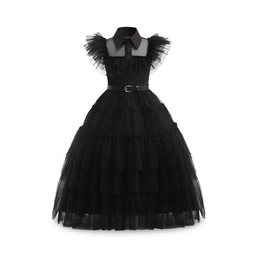 Kids' Halloween gothic schoolgirl Family Costume Dress with Tiered Tulle Skirt and Lace Mask - Image 2