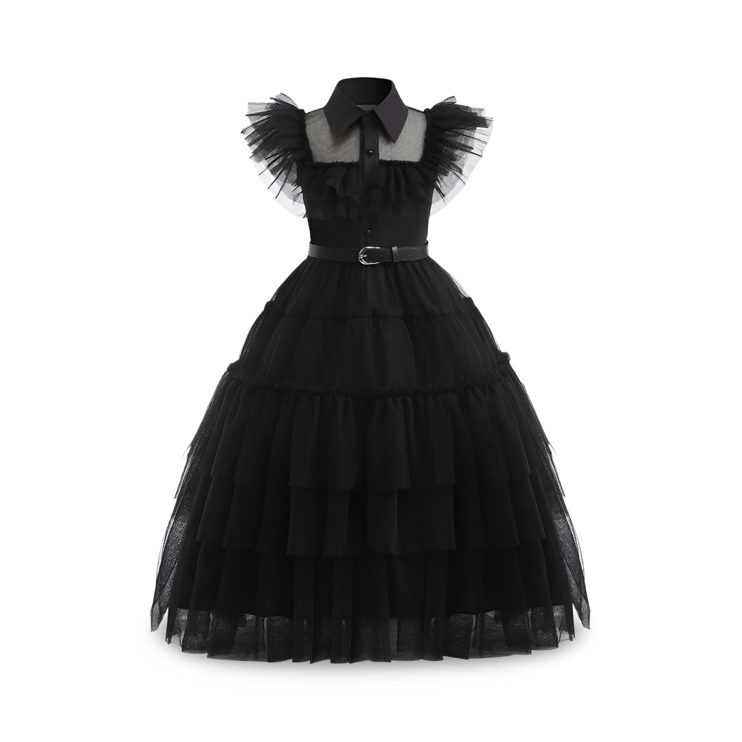Kids' Halloween gothic schoolgirl Family Costume Dress with Tiered Tulle Skirt and Lace Mask - Image 2