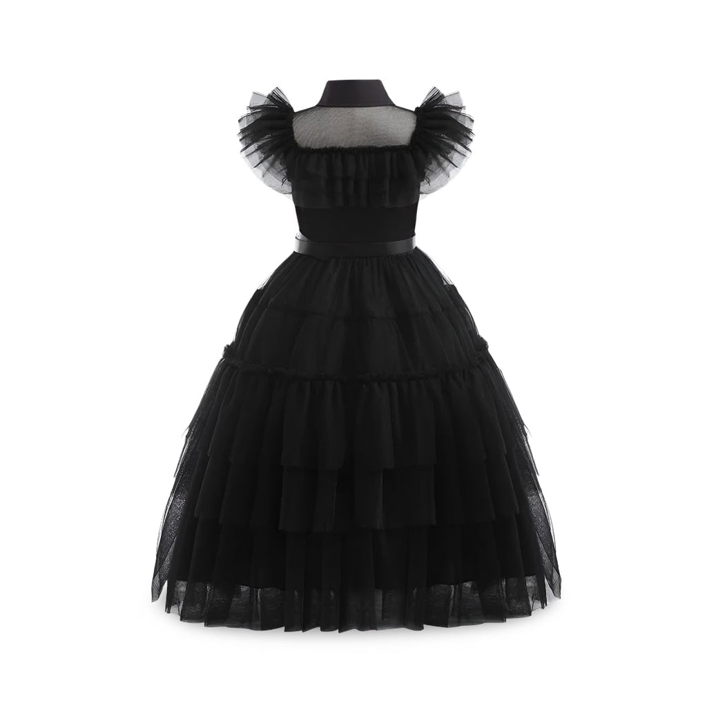 Kids' Halloween gothic schoolgirl Family Costume Dress with Tiered Tulle Skirt and Lace Mask - Image 3