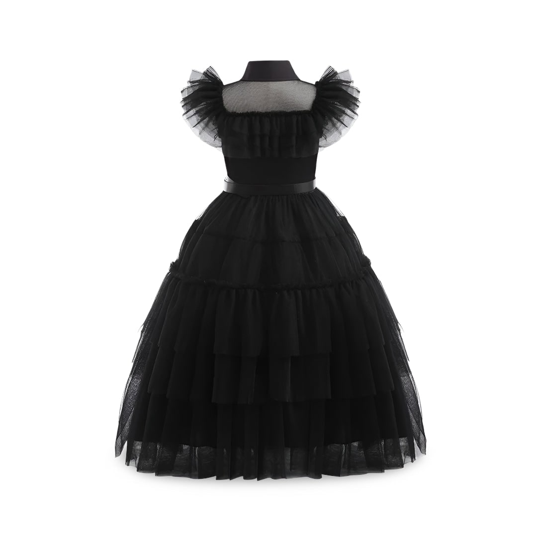 Kids' Halloween gothic schoolgirl Family Costume Dress with Tiered Tulle Skirt and Lace Mask - Image 3