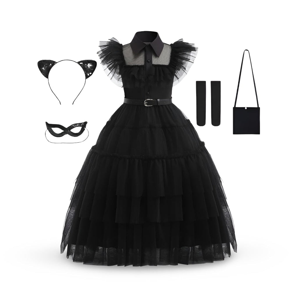 Kids' Halloween gothic schoolgirl Family Costume Dress with Tiered Tulle Skirt and Lace Mask - Image 4