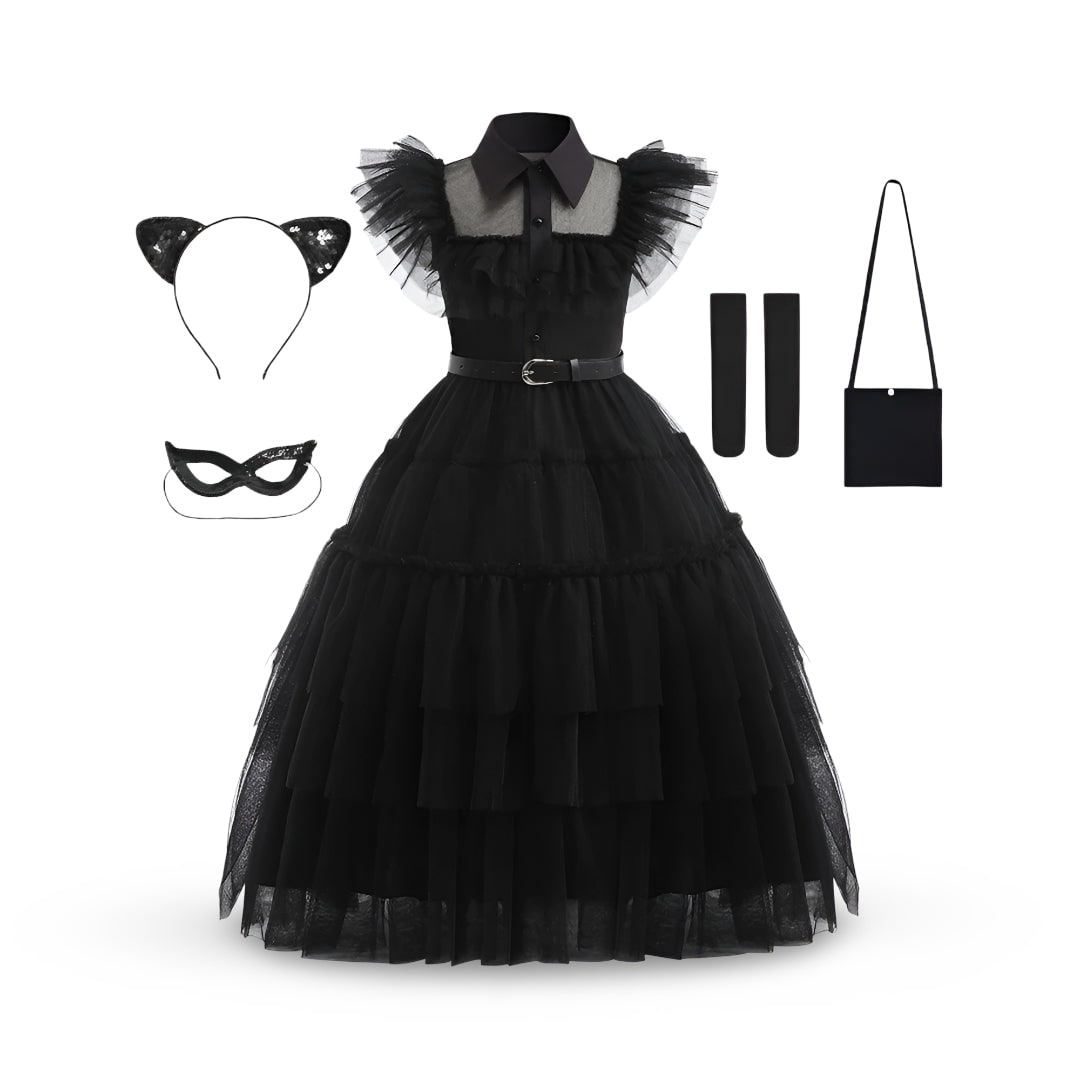 Kids' Halloween gothic schoolgirl Family Costume Dress with Tiered Tulle Skirt and Lace Mask - Image 4
