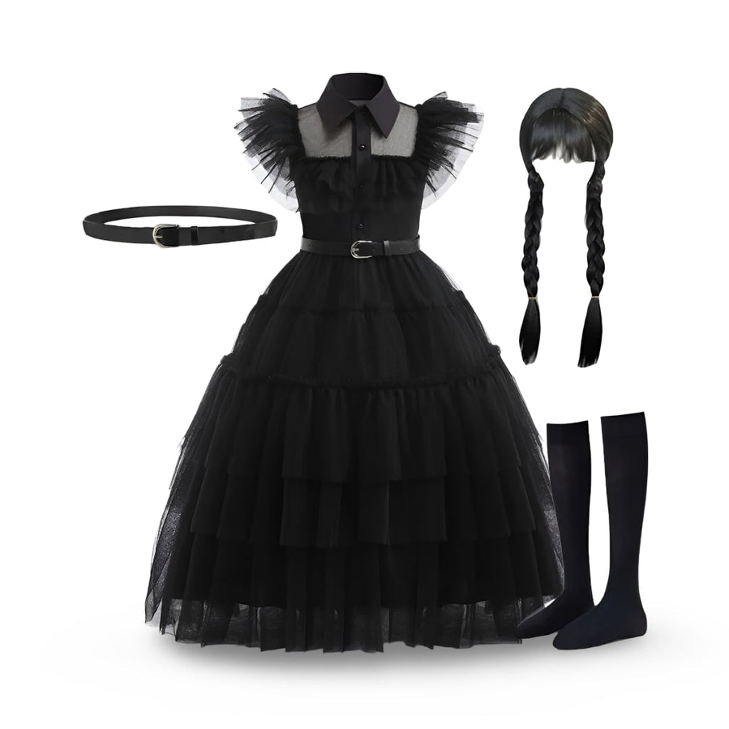 Kids' Halloween gothic schoolgirl Family Costume Dress with Tiered Tulle Skirt and Lace Mask - Image 5
