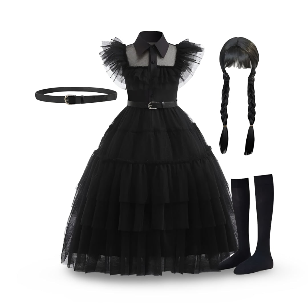 Kids' Halloween gothic schoolgirl Family Costume Dress with Tiered Tulle Skirt and Lace Mask - Image 5
