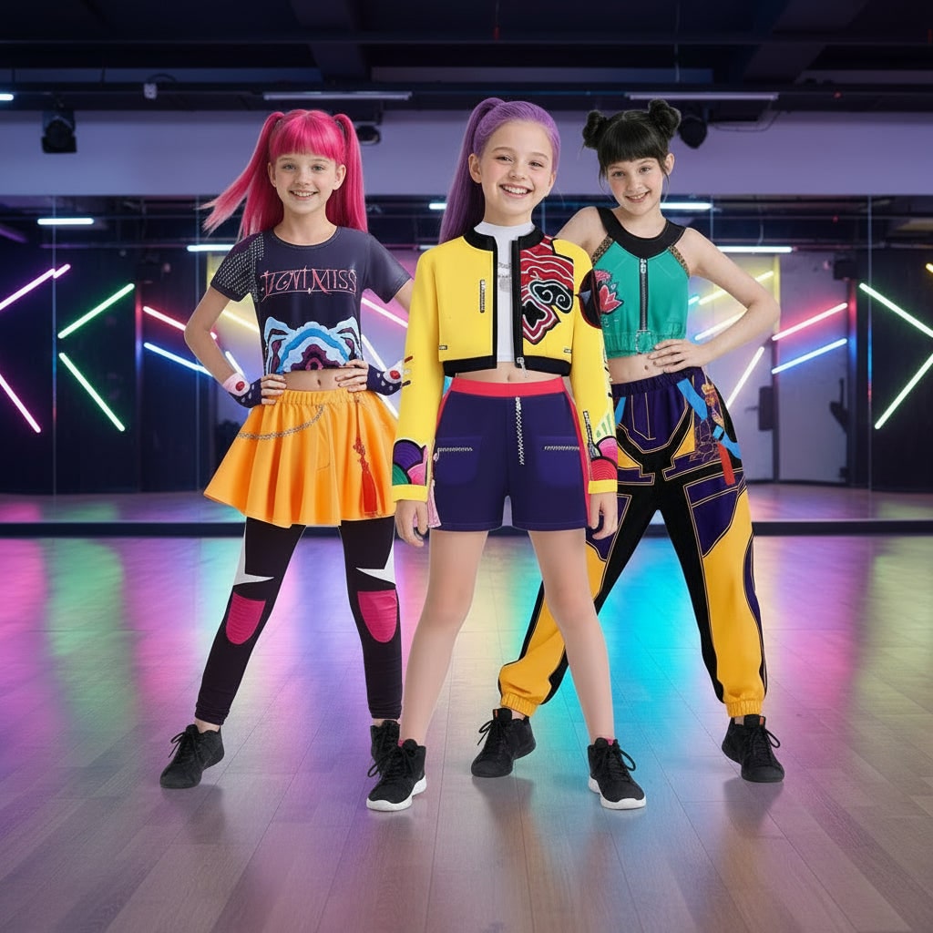 Kids' Halloween Hip Hop Dance Costume with Cropped Jacket Graphic Top and Flared Skirt - Image 1