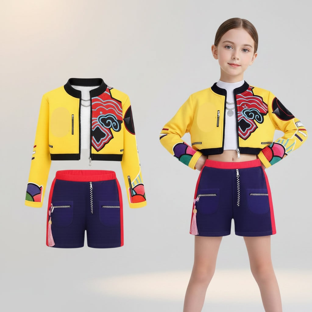 Kids' Halloween Hip Hop Dance Costume with Cropped Jacket Graphic Top and Flared Skirt - Image 2