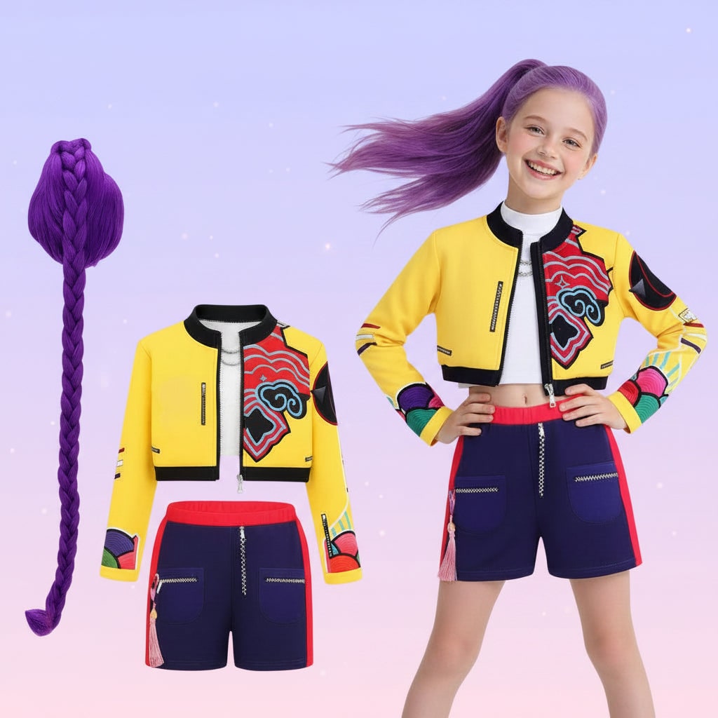 Kids' Halloween Hip Hop Dance Costume with Cropped Jacket Graphic Top and Flared Skirt - Image 3