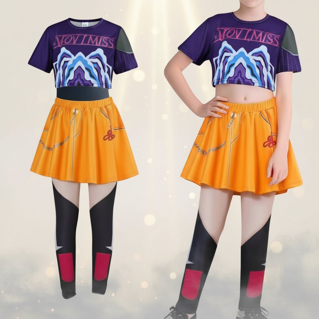 Kids' Halloween Hip Hop Dance Costume with Cropped Jacket Graphic Top and Flared Skirt - Image 4