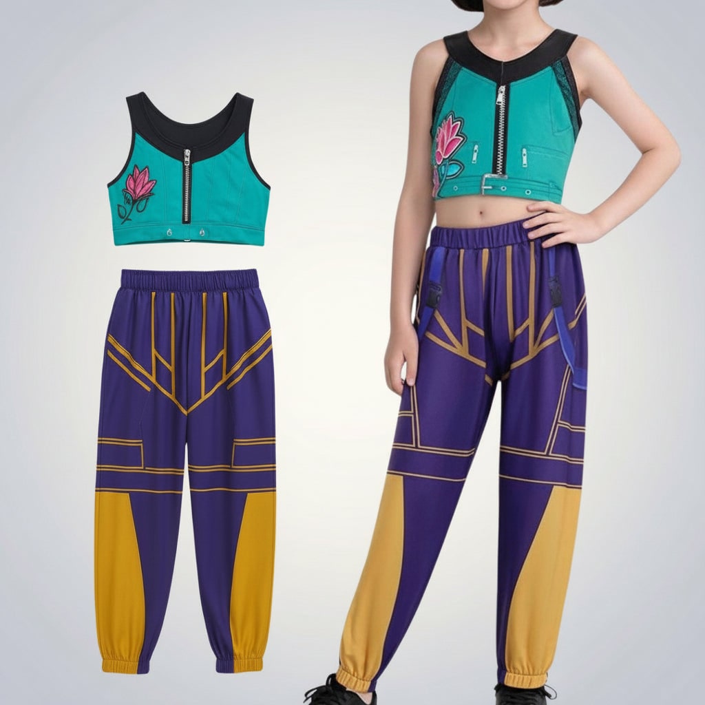 Kids' Halloween Hip Hop Dance Costume with Cropped Jacket Graphic Top and Flared Skirt - Image 6