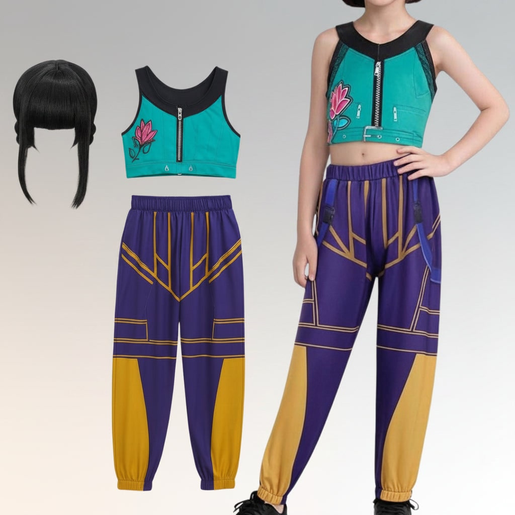 Kids' Halloween Hip Hop Dance Costume with Cropped Jacket Graphic Top and Flared Skirt - Image 7