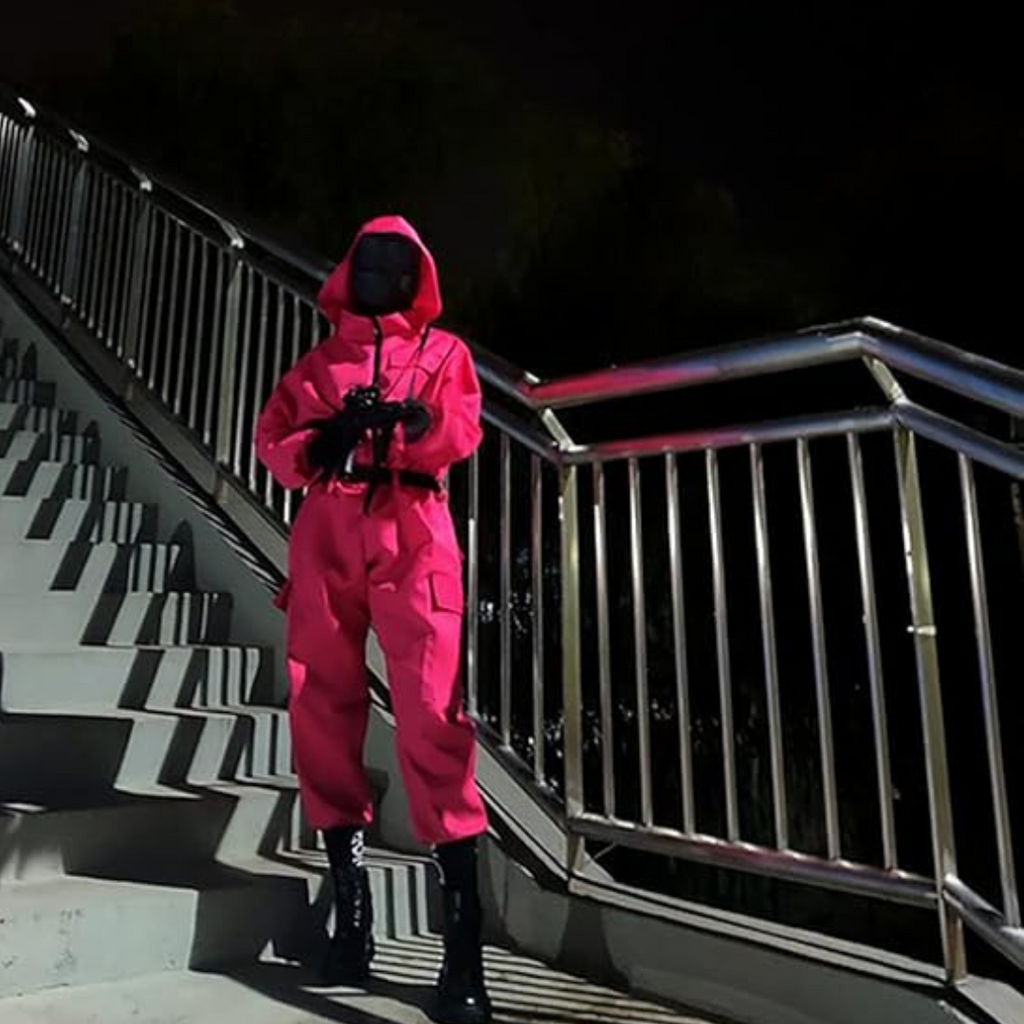 Kids' Halloween Hooded Jumpsuit Costume with Mask Belt and Cargo Pockets Pink - Image 1