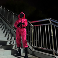 Kids' Halloween Hooded Jumpsuit Costume with Mask Belt and Cargo Pockets Pink - Image 1