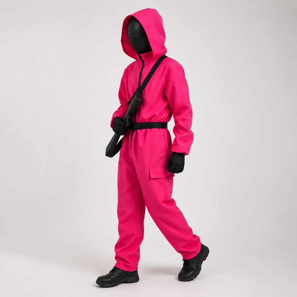 Kids' Halloween Hooded Jumpsuit Costume with Mask Belt and Cargo Pockets Pink - Image 2