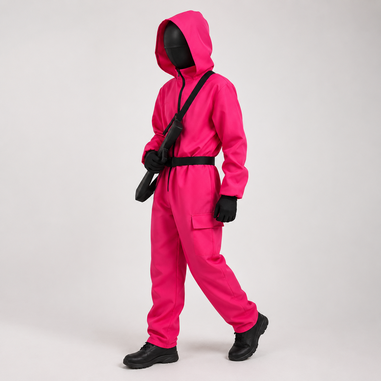 Kids' Halloween Hooded Jumpsuit Costume with Mask Belt and Cargo Pockets Pink - Image 2