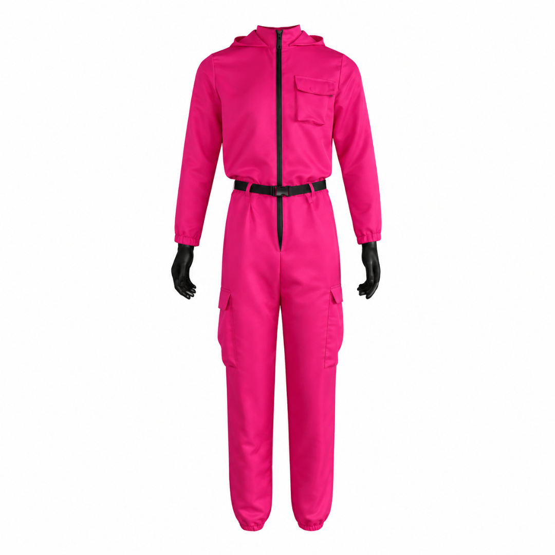Kids' Halloween Hooded Jumpsuit Costume with Mask Belt and Cargo Pockets Pink - Image 3