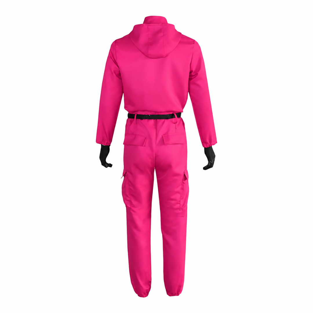 Kids' Halloween Hooded Jumpsuit Costume with Mask Belt and Cargo Pockets Pink - Image 4