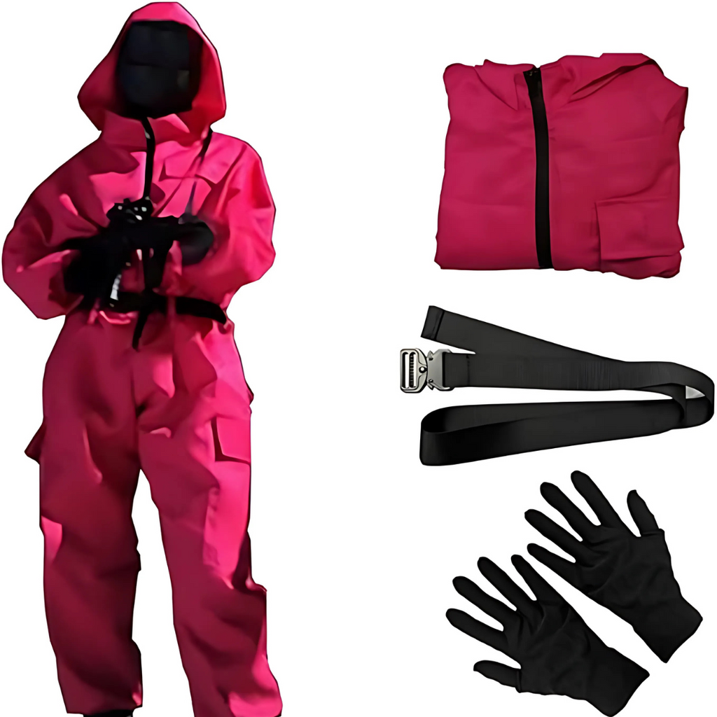 Kids' Halloween Hooded Jumpsuit Costume with Mask Belt and Cargo Pockets Pink - Image 6