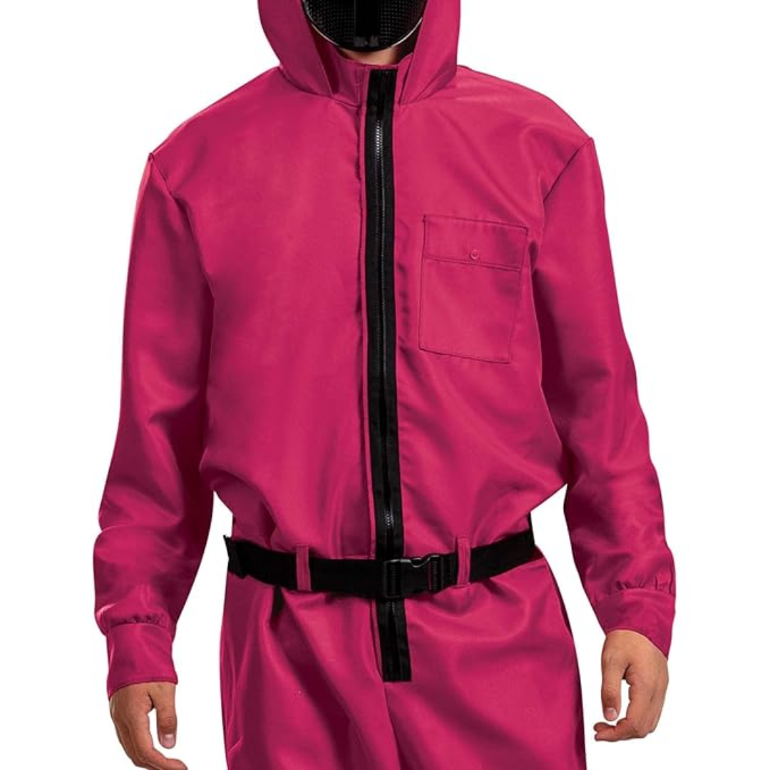 Kids' Halloween Hooded Jumpsuit Costume with Mask Belt and Cargo Pockets Pink - Image 7
